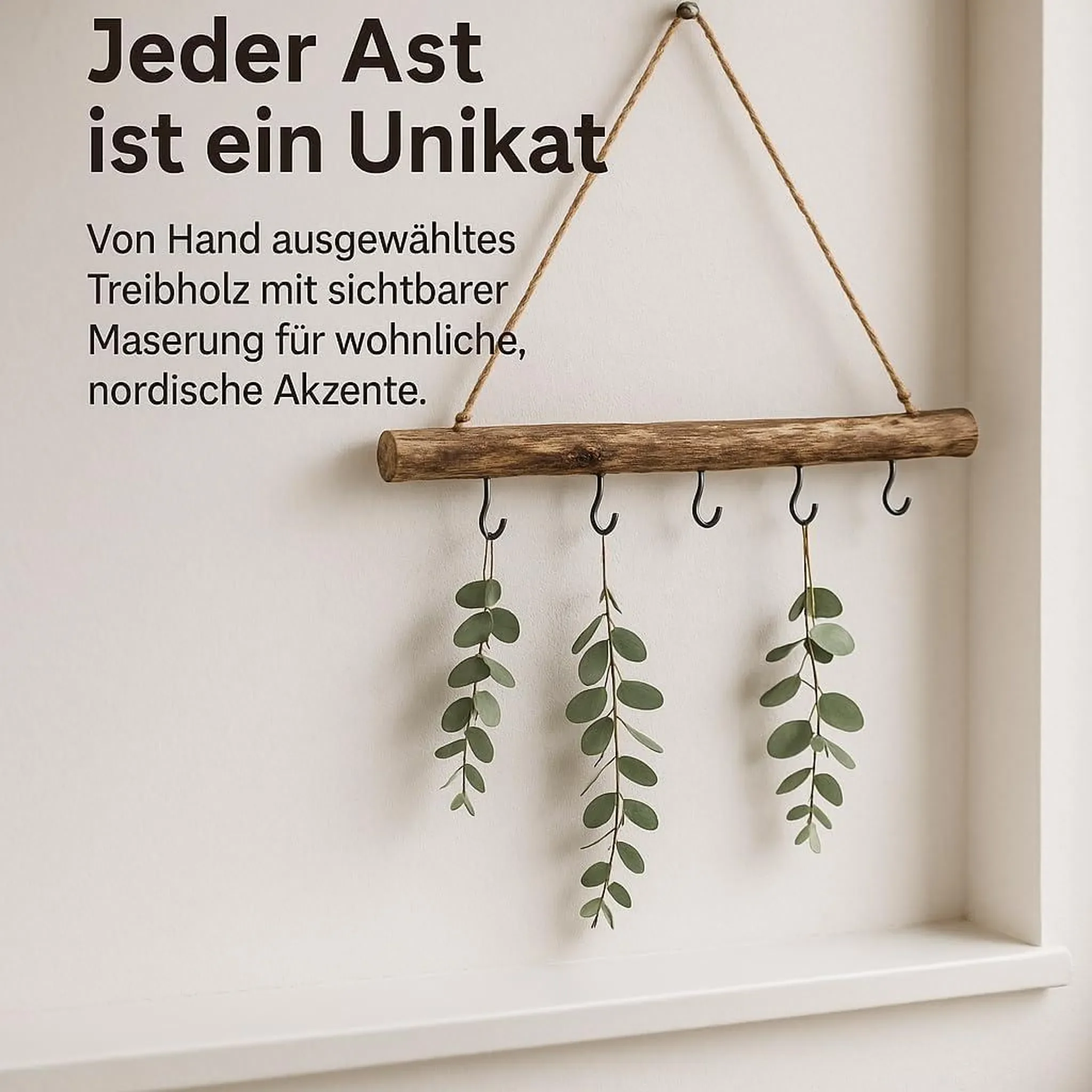 Deko-Holzstange zum Hängen – 50 cm mit 5 Haken & Naturkordel